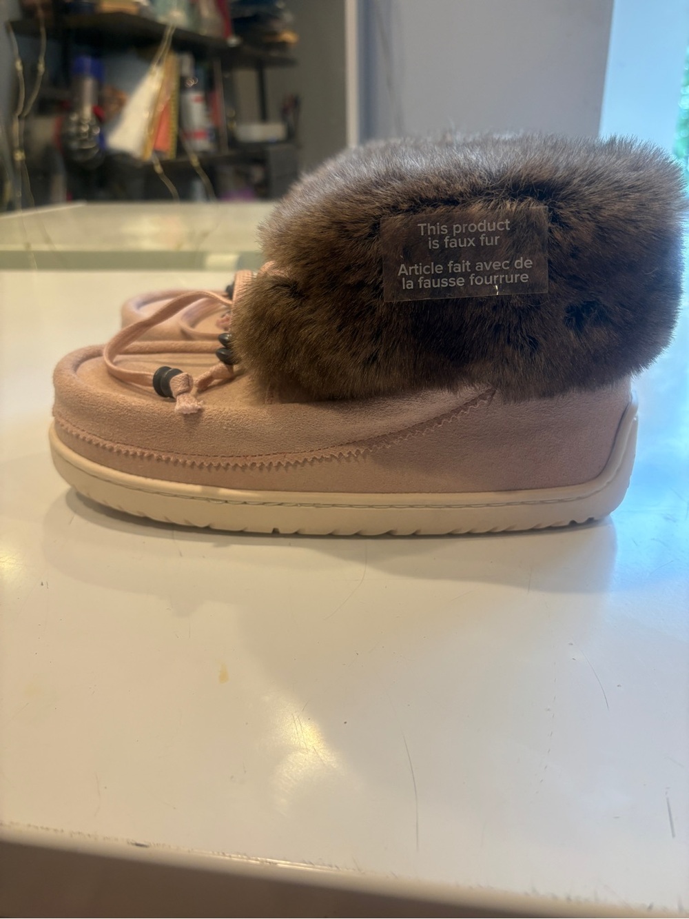 Women's Faux-Fur Lined Pink Moccasin Slippers